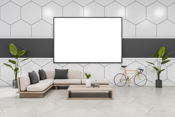 Modern tile office lounge interior with couch and other objects, empty white mock up poster. 3D Rendering. - obrazy, fototapety, plakaty
