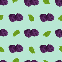 Seamless pattern with large blackberries and mint leaves on a blue background. Botanical vector illustration for printing on clothing, textiles, paper, fabric, packaging.