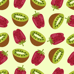 Seamless pattern with kiwi halves and strawberries on a light green background. Botanical vector illustration for printing on clothing, textiles, paper, fabric, packaging.