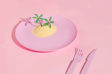 Summer tropical creative layout with sand and palm tree figurines in pink plate on pastel pink background. 80s, 90s retro fashion aesthetic summer food concept. Minimal pop art  restaurant concept.