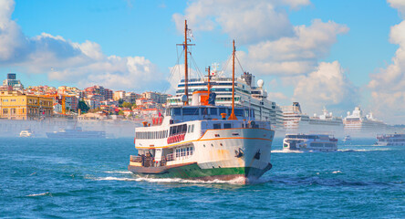 Cruise ship and ferry (steamboat)  traffic in the Bosphorus - Sea voyage with old ferry (steamboat)...