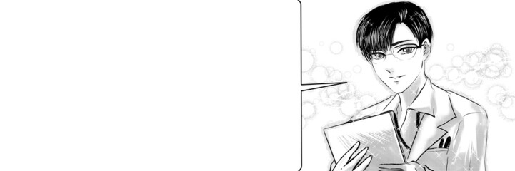 漫画イケメンメガネ医師患者診察で優しく笑顔でアドバイスする白黒イラストと吹き出し