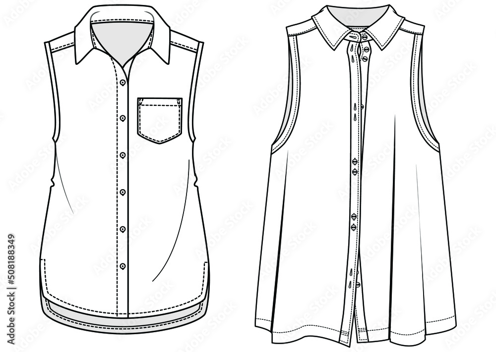 Wall mural women's sleeveless button down collar shirt flat sketch vector illustration