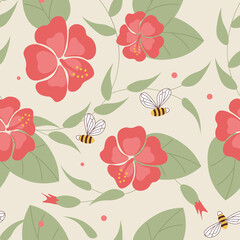 Bright colored seamless pattern with cute hibiscus flower and bee