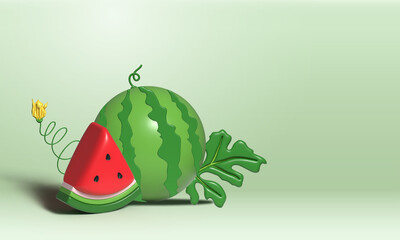 3D Watermelon and juicy slices banner, 3D illustration of watermelon juice, Fresh and juicy fruit concept of summer food.

