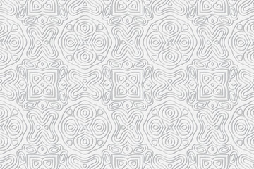 Embossed white background, ethnic cover design. Geometric 3D pattern, minimalist openwork texture in handmade and art deco style. Art of the peoples of the East, Asia, India, Mexico, Aztecs, Peru.