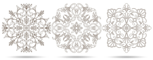 A set of contour illustrations in the stained glass style with floral motifs , dark contours on a white background