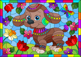 An illustration in the style of a stained glass window with a cute puppy on a background of sky, meadows and flowers, in a bright frame