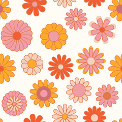 Vintage floral background. Hippie style vector seamless pattern. Nostalgic retro 70s groovy print. Textile and surface design in old fashioned colors