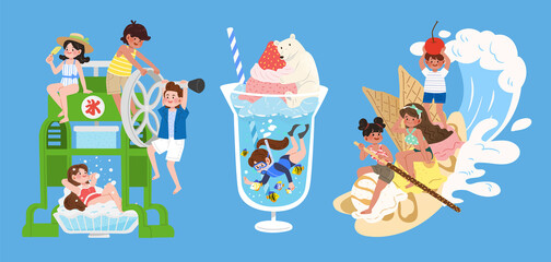Set of kids with summer icy dessert