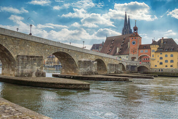 Fototapeta na wymiar View of Regensburg with the Danube River in Germany, bayern