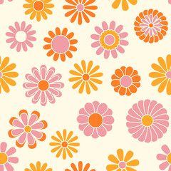 Vintage floral background. Hippie style vector seamless pattern. Nostalgic retro 70s groovy print. Textile and surface design in old fashioned colors