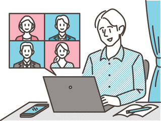 Fototapeta na wymiar Man having online meeting at home [Vector illustration].