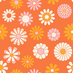 Fototapeta na wymiar Vintage floral background. Hippie style vector seamless pattern. Nostalgic retro 70s groovy print. Textile and surface design in old fashioned colors