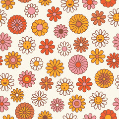 Vintage floral background. Hippie style vector seamless pattern. Nostalgic retro 70s groovy print. Textile and surface design in old fashioned colors