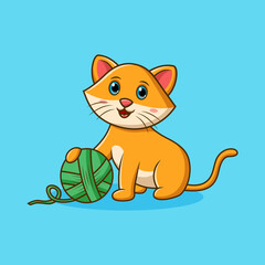 Cute cartoon cat playing with a ball of yarn. Vector illustration