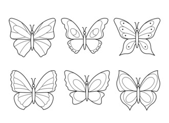 Set of butterflies for design element kids coloring book page. Vector outline illustration.