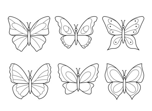 Set of butterflies for design element kids coloring book page. Vector outline illustration.