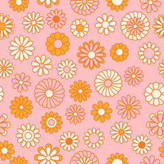 Vintage floral background. Hippie style vector seamless pattern. Nostalgic retro 70s groovy print. Textile and surface design in old fashioned colors