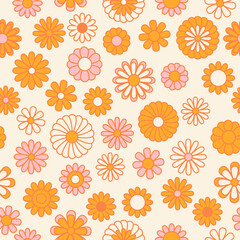 Fototapeta premium Vintage floral background. Hippie style vector seamless pattern. Nostalgic retro 70s groovy print. Textile and surface design in old fashioned colors
