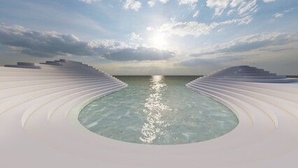 Abstract architecture background curved water pool 3d render