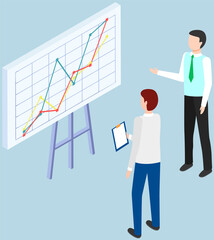 Business people communicating in office discuss statistics, analyze different charts and graphs. Financial accounting concept. Organization process, analytics, planning, report, market analysis