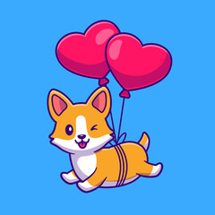 Cut Corgi Dog Floating With Heart Love Balloon Cartoon Vector Icon Illustration. Animal Love Icon Concept Isolated Premium Vector. Flat Cartoon Style