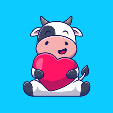 Cute Cow Hug Love Heart Cartoon Vector Icon Illustration. Animal Nature Icon Concept Isolated Premium Vector. Flat Cartoon Style