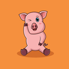 Cute cartoon pig happiness. Vector illustration