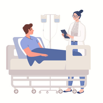 Doctor visits male patient in intensive care unit of hospital. Sad sick young man lies on bed with intravenous drip. Vector characters flat cartoon illustration.