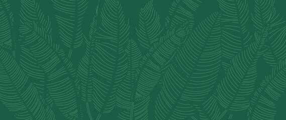 Abstract foliage green background vector. Tropical banana leaf design wallpaper design in line art pattern. Botanical leaves with hand drawn design illustration for print, wall arts, and wallpaper. © TWINS DESIGN STUDIO
