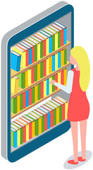 woman chooses book in digital online library or bookstore in smartphone app. Distance education with modern technology in phone. Girl looks at screen with virtual bookshelves and stacks of books