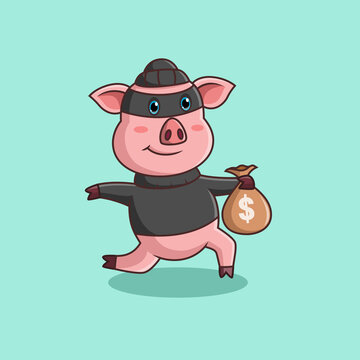 Cartoon pig robber running with money. Vector illustration