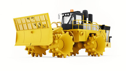 Garbage compactor machine for landfills. A special type of industrial bulldozer for working in landfills. 3d rendering. - obrazy, fototapety, plakaty