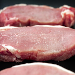 Fresh meat on dark background in row with spices.
