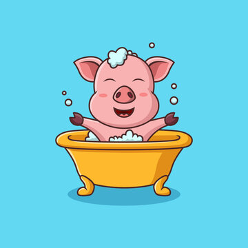 Cartoon cute pig taking bath in the bathtub.Vector illustration