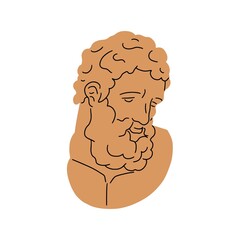 Ancient Greek bust of bearded face. Old sculpture of antique Greece. Vintage philosopher head statue drawn in contemporary trendy style. Flat vector illustration isolated on white background