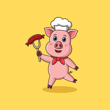 Chef pig cartoon character holding sausage. Vector illustration