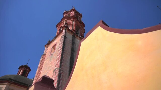 Smooth Gimbal Shot of ancient church in Jalpan de Serra, Queretaro. Mexico. Franciscan Mission of Jalpan