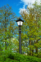 City Street light. Row of old lantern posts in a park