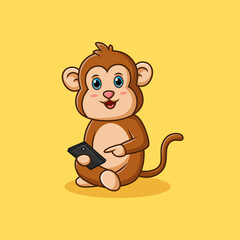 Funny monkey playing smartphone. Isolated chimpanzee cartoon character. Vector illustration