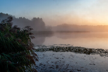 Poranne mgły nad jeziorem, Podlasie, Polska