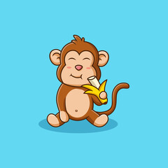 Cute monkey eating banana. Chimpanzee cartoon character isolated. Vector illustration