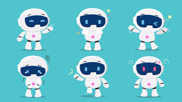 Cute robot vector on blue background. Set of cartoon cyber characters in different postures, emotional, sad, angry, happy. Artificial intelligence character design for education, kids, decorative.