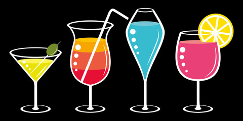 Colorful fresh summer cocktails on black background. Vector illustration.	