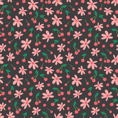 berry flowers cherry seamless vector pattern. Repeating background with summer fruit. Use for fabric, gift wrap, packaging.