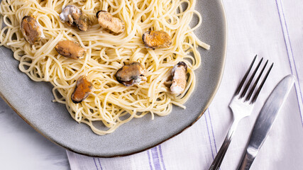 Italian pasta with seafood and mussels top view. Mediterranean style food.