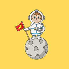 Cartoon astronaut monkey character holding flag. Vector illustration