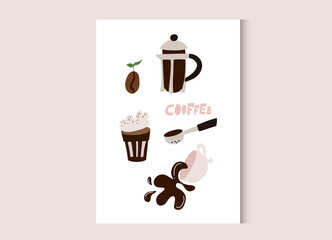 Coffee wall art. Cartoon flat vector illustration isolated on pink background. Poster with mug of hot drink, kettle with coffee, coffee beans, cappuccino.