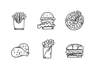 Fast food line icon. Vector hand drawn set. Outllined pizza, burger, sandwich, roll, french fries, chicken legs cartoon style.
